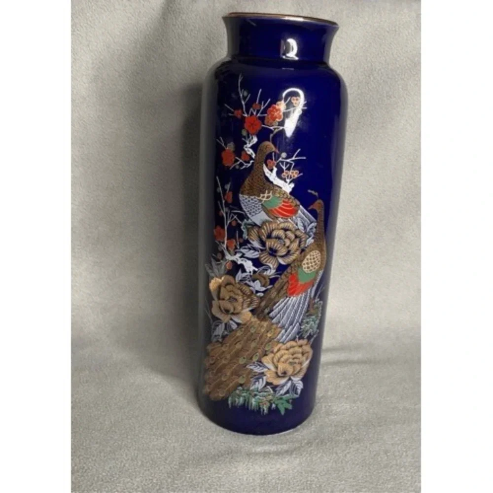 VTG Interpur Cobalt Blue Peacock Oriental Vase 22K Gold Trim Japan‎ 10.5